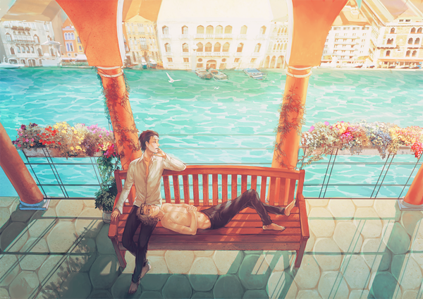 Anime picture 1157x818 with original gaybravado short hair smile brown hair sitting looking away lying barefoot from above grey hair sunlight multiple boys shadow couple looking up open collar river boy flower (flowers)
