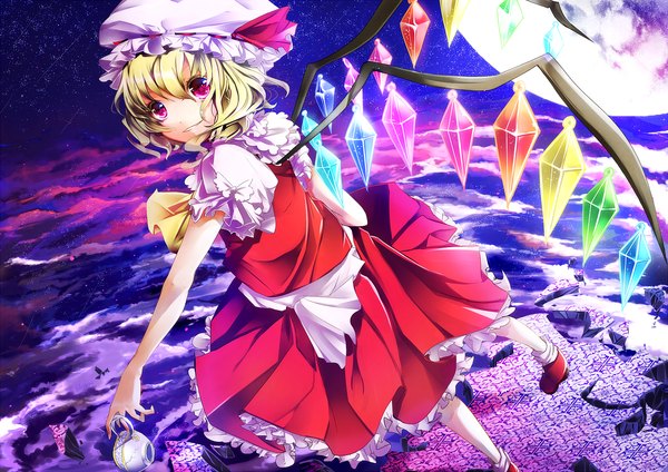 Anime picture 1280x905 with touhou flandre scarlet lulu season short hair blonde hair red eyes sky cloud (clouds) loli girl dress skirt wings moon star (stars) skirt set cup