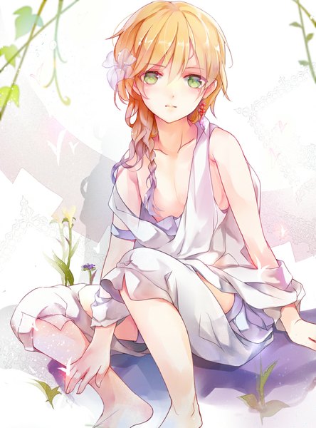 Anime picture 800x1080 with magi the labyrinth of magic a-1 pictures titus alexius 041 single long hair tall image looking at viewer blush fringe simple background blonde hair sitting green eyes cleavage bent knee (knees) barefoot hair flower mole mole under eye