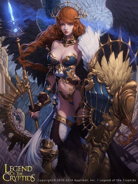 Anime picture 900x1200 with legend of the cryptids lange single long hair tall image looking at viewer breasts blue eyes light erotic brown hair large breasts standing cleavage braid (braids) wind lips copyright name girl gloves weapon