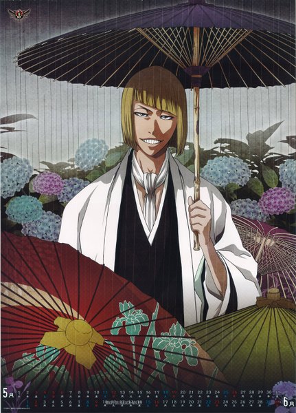 Anime picture 1000x1390 with bleach studio pierrot hirako shinji single tall image looking at viewer short hair blonde hair smile standing brown eyes japanese clothes scan rain calendar 2013 calendar 2012 boy flower (flowers) plant (plants) kimono