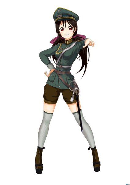 Anime picture 2480x3508 with love live! school idol project sunrise (studio) love live! yazawa nico heli single long hair tall image blush highres black hair simple background red eyes white background full body girl thighhighs uniform weapon sword