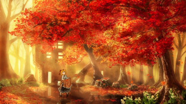 Anime picture 1600x900 with original kakisuke single short hair blonde hair wide image landscape scenic autumn nature girl plant (plants) tree (trees) water leaf (leaves) apron forest maple leaf