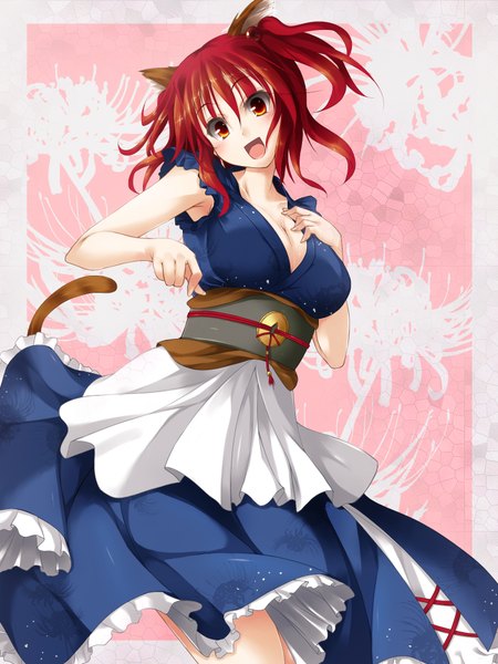 Anime picture 1500x2000 with touhou onozuka komachi fuyuno taka (artist) tall image smile red eyes twintails animal ears red hair tail girl flower (flowers) belt