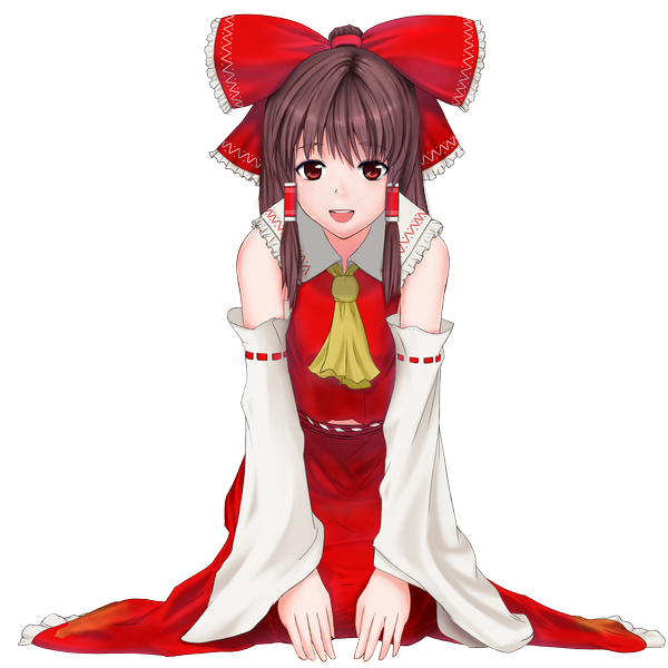 Anime picture 3182x3182 with touhou hakurei reimu niwasaki (hukuro9011) single long hair looking at viewer highres open mouth simple background red eyes brown hair white background absurdres traditional clothes miko girl dress bow hair bow detached sleeves