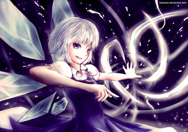 Anime picture 1052x744 with touhou cirno hananon single looking at viewer fringe short hair blue eyes smile silver hair short sleeves magic girl dress