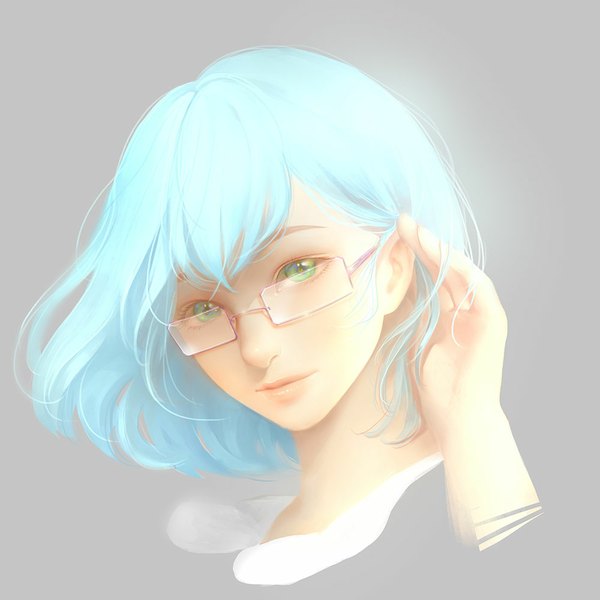 Anime picture 1000x1000 with original orry single looking at viewer fringe short hair blue eyes simple background green eyes blue hair head tilt wind lips grey background shiny skin adjusting hair portrait multicolored eyes girl glasses