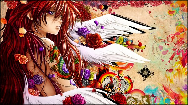 Anime picture 1920x1080 with snyp (r0pyns) single long hair highres wide image purple eyes red hair looking back tattoo girl flower (flowers) wings rose (roses) dragon