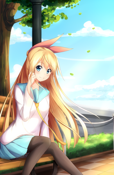 Anime picture 1900x2900 with nisekoi shaft (studio) kirisaki chitoge onamae-kun single long hair tall image blush highres blue eyes blonde hair smile sky cloud (clouds) pleated skirt adjusting hair girl thighhighs skirt uniform