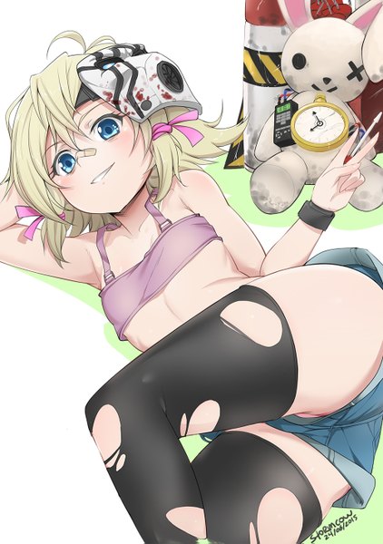Anime picture 1000x1423 with borderlands borderlands 2 tiny tina stormcow single tall image looking at viewer blush fringe short hair breasts blue eyes light erotic blonde hair smile hair between eyes signed ahoge lying torn clothes
