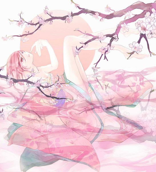 Anime picture 939x1032 with vocaloid meiko yukirindou single tall image short hair bare shoulders pink hair traditional clothes japanese clothes pink eyes barefoot bare legs no shoes cherry blossoms finger to mouth looking up pink background leg lift (legs lift) girl
