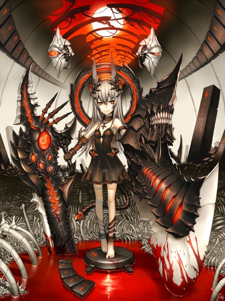 Anime picture 1200x1600 with original gia single long hair tall image looking at viewer fringe light erotic red eyes standing holding sky cleavage tail horn (horns) grey hair night teeth no shoes night sky