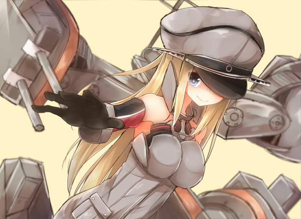 Anime picture 1098x800 with kantai collection bismarck battleship mizushina minato single long hair looking at viewer breasts blue eyes simple background blonde hair smile outstretched hand yellow background girl dress gloves weapon detached sleeves black gloves armor