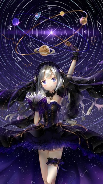 Anime picture 1000x1772 with original hoshi ame single long hair tall image looking at viewer blush fringe blue eyes smile standing silver hair night sparkle night sky floating hair outstretched arm magic wavy hair magical girl