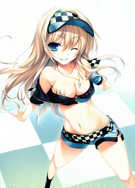 Anime picture 3008x4173 with karory single long hair tall image looking at viewer blush highres blue eyes light erotic blonde hair bare shoulders absurdres cleavage scan bare belly checkered floor floor girl navel shorts