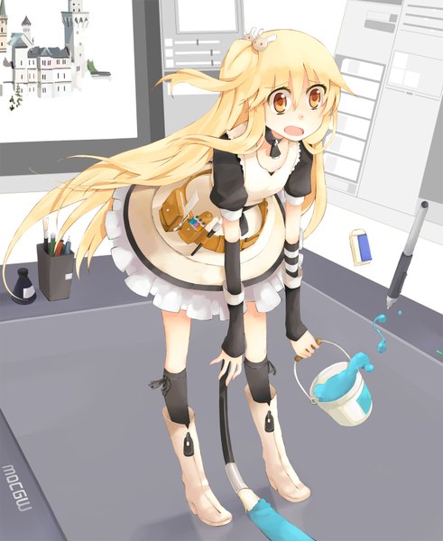 Anime picture 1350x1650 with oekaki musume (qpixiv) single long hair tall image blonde hair yellow eyes girl thighhighs dress fingerless gloves castle pen paint bucket eraser