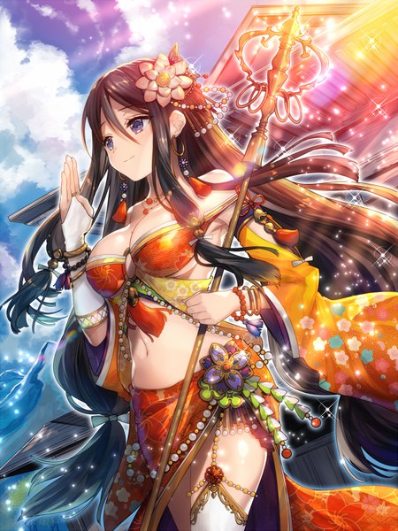 Anime picture 600x800 with sengoku kishin valkyrie necomi (gussan) single long hair tall image blue eyes light erotic black hair smile standing bare shoulders holding sky cloud (clouds) outdoors arm up wide sleeves bare belly sparkle midriff