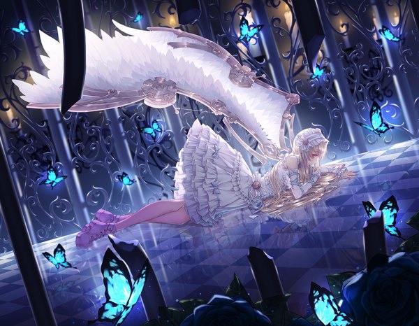 Anime picture 2000x1556 with original cecil86 single looking at viewer fringe highres blonde hair hair between eyes brown eyes lying very long hair profile reflection on stomach checkered floor floor angel mechanical wings girl dress