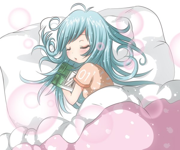 Anime picture 1200x997 with vocaloid hatsune miku single long hair blush ahoge eyes closed aqua hair sleeping girl t-shirt blanket