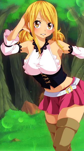 Anime picture 2340x4200 with fairy tail lucy heartfilia tongasart single long hair tall image blush highres blonde hair smile twintails yellow eyes pleated skirt sunlight armpit (armpits) coloring sunbeam girl skirt plant (plants)