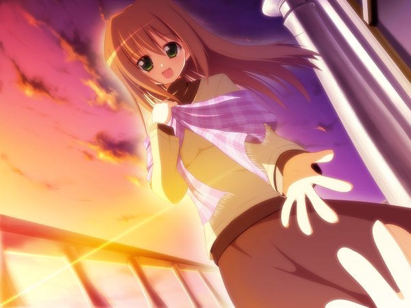 Anime picture 1600x1200 with hayate no gotoku! sanzen'in yukariko hoppege single long hair looking at viewer blush fringe open mouth brown hair green eyes sky cloud (clouds) wind from below wallpaper outstretched arm evening sunset girl