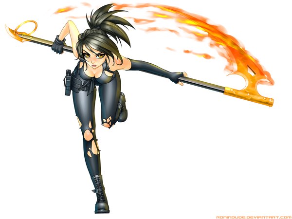 Anime picture 4000x3000 with ronin dude (ray cornwell) single looking at viewer highres short hair black hair simple background white background yellow eyes absurdres torn clothes girl gloves weapon boots flame scythe