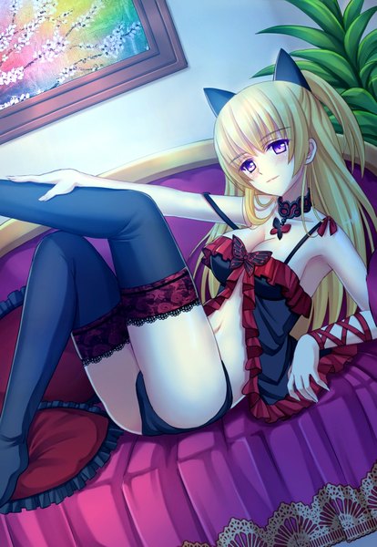 Anime picture 1149x1665 with original tonee single long hair tall image blush breasts light erotic blonde hair purple eyes animal ears cat ears girl thighhighs underwear panties black thighhighs choker frills pillow