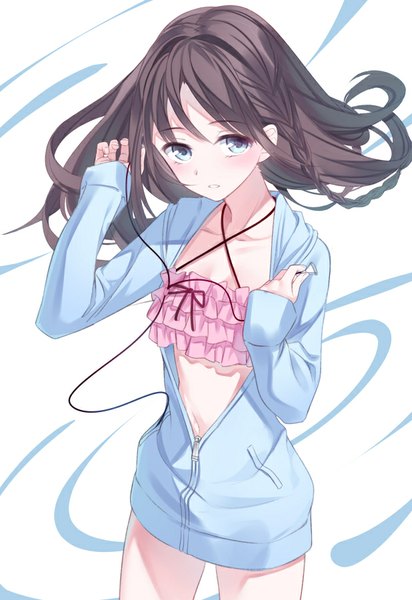 Anime picture 618x900 with original yasuno (airy light) single long hair tall image looking at viewer blush fringe open mouth blue eyes brown hair standing white background braid (braids) head tilt wind open clothes open jacket side braid hand on headphones
