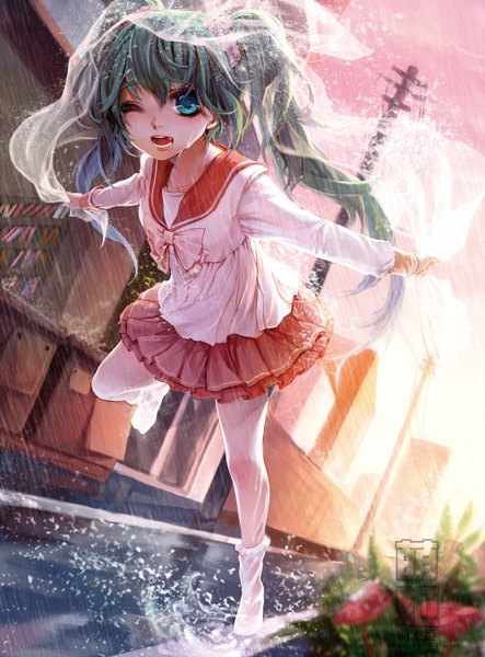 Anime picture 1000x1354 with vocaloid hatsune miku silverwing single long hair tall image blue eyes twintails bent knee (knees) one eye closed green hair wink from below wet no shoes rain wet clothes running girl skirt
