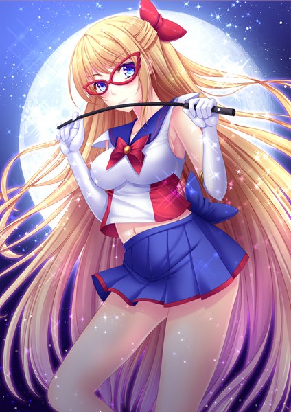 Anime picture 778x1100 with bishoujo senshi sailor moon toei animation aino minako sailor venus toshi (1-147) single long hair tall image looking at viewer blue eyes blonde hair half updo girl skirt gloves bow hair bow glasses elbow gloves moon