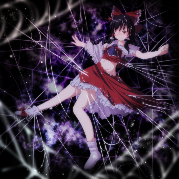 Anime picture 1500x1500 with touhou hakurei reimu s-syogo long hair blush black hair red eyes one eye closed wink miko girl skirt bow hair bow detached sleeves socks white socks skirt set spider web