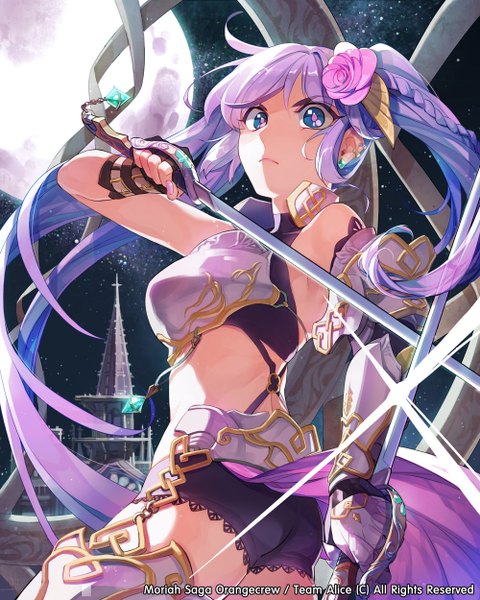 Anime picture 1000x1250 with original mansu single long hair tall image looking at viewer blue eyes twintails bare shoulders purple hair hair flower girl gloves hair ornament weapon sword elbow gloves armor moon