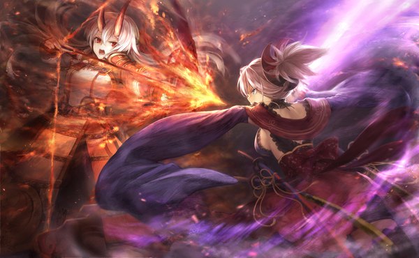 Anime picture 2185x1351 with fate (series) fate/grand order miyamoto musashi (fate) tomoe gozen (fate) mashuu (neko no oyashiro) long hair fringe highres breasts open mouth hair between eyes red eyes wide image multiple girls white hair ponytail traditional clothes japanese clothes horn (horns) aqua eyes