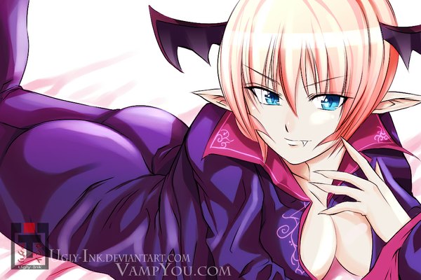 Anime picture 1080x720 with ugly-ink single short hair blue eyes light erotic blonde hair cleavage pointy ears teeth fang (fangs) on stomach head wings vampire girl wings