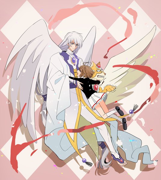 Anime picture 2500x2800 with card captor sakura clamp kinomoto sakura yue (cardcaptor sakura) kerberos hifumi (balance) long hair tall image highres short hair smile brown hair purple eyes full body white hair eyes closed head tilt shadow hug angel wings