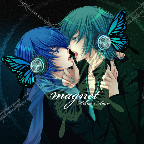 Anime picture 1700x1700 with vocaloid magnet (vocaloid) kaito (vocaloid) hatsune mikuo nai (artist) highres short hair blue eyes blue hair nail polish profile aqua eyes aqua hair couple hug open collar shounen ai boy headphones scarf