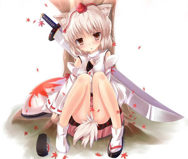 Anime picture 1500x1271 with touhou inubashiri momiji fujieda uzuki single looking at viewer blush short hair light erotic red eyes sitting animal ears white hair animal tail censored convenient censoring girl weapon plant (plants) detached sleeves sword