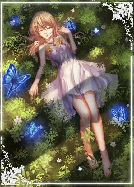 Anime picture 1410x1960 with original liu (pixiv) single long hair tall image blonde hair eyes closed barefoot bare legs girl dress flower (flowers) plant (plants) insect butterfly sundress