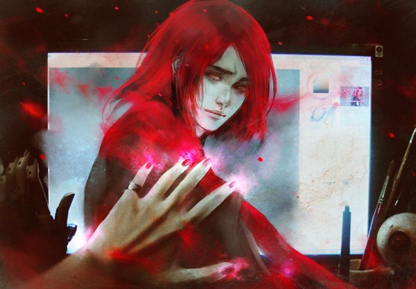 Anime picture 1300x905 with original nanfe long hair looking at viewer red eyes red hair nail polish lips realistic turning head pale skin boy hands pen paintbrush art brush screen