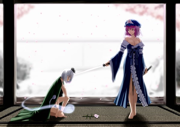Anime picture 1280x905 with touhou konpaku youmu saigyouji yuyuko sumeragi seisuke (artist) short hair red eyes bare shoulders multiple girls purple hair white hair japanese clothes barefoot off shoulder no shoes legs cherry blossoms ghost girl flower (flowers) weapon