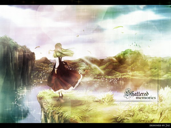 Anime picture 1024x768 with code geass sunrise (studio) c.c. single sky mountain landscape girl dress plant (plants) grass