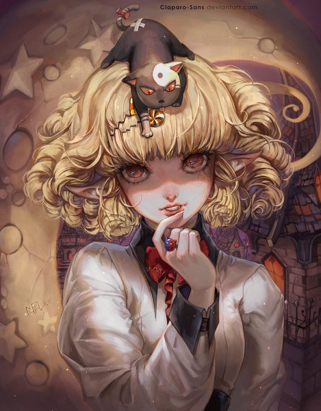 Anime picture 938x1200 with ragnarok online loli ruri claparo-sans single tall image looking at viewer fringe short hair blonde hair brown eyes signed upper body blunt bangs parted lips lips pointy ears drill hair finger to mouth shaded face animal on head