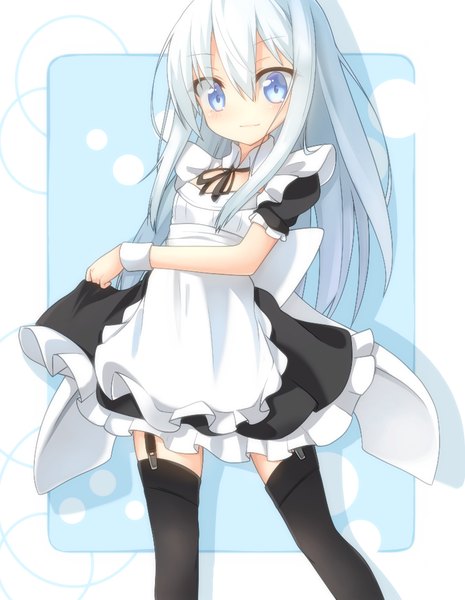 Anime picture 786x1015 with kantai collection hibiki destroyer rateratte single long hair tall image looking at viewer fringe blue eyes smile standing holding white hair maid girl thighhighs uniform bow black thighhighs apron
