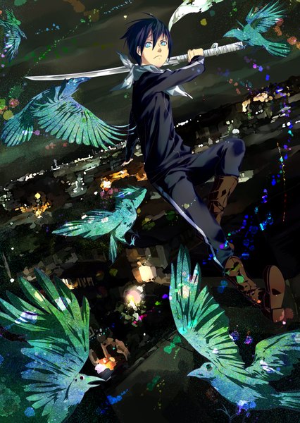 Anime picture 2480x3496 with noragami studio bones yato (noragami) kirin single tall image looking at viewer fringe highres short hair blue eyes blue hair night city cityscape flying weightlessness animal eyes boy weapon