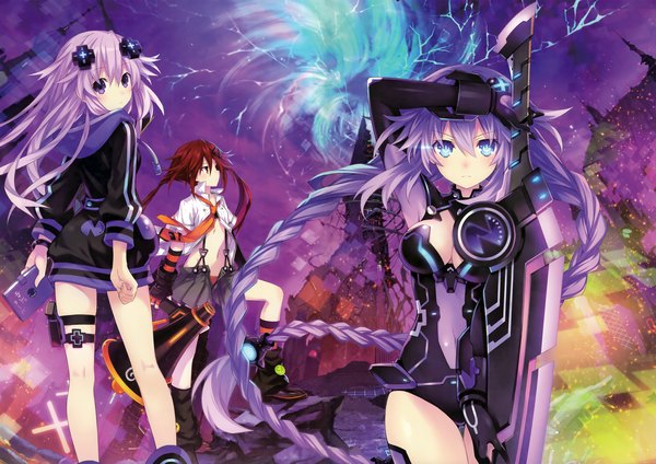 Anime picture 3995x2829 with choujigen game neptune shin jigen game neptune vii neptune (choujigen game neptune) purple heart nepgear tsunako long hair looking at viewer blush fringe highres breasts blue eyes light erotic hair between eyes red eyes large breasts purple eyes twintails multiple girls