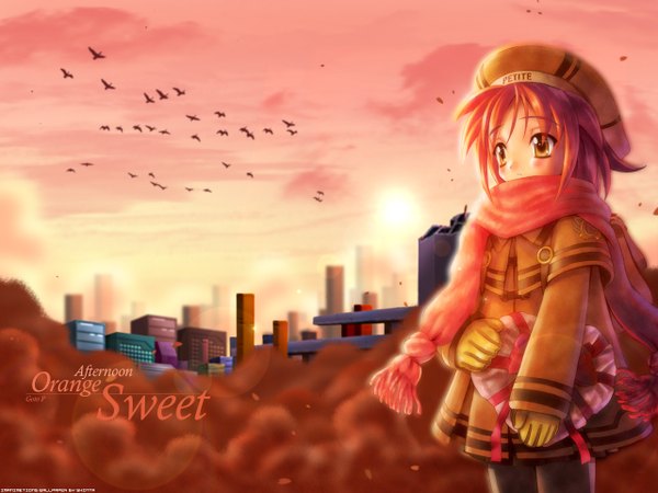 Anime picture 1280x960 with goto p shinta (minitokyo) single blush brown eyes signed looking away sky cloud (clouds) outdoors red hair third-party edit flock girl gloves animal pantyhose black pantyhose scarf bird (birds)