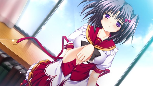 Anime picture 1024x576 with fortuna rhapsody blush short hair black hair wide image purple eyes game cg girl uniform school uniform