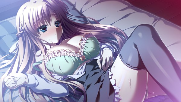 Anime picture 1280x720 with 12 no tsuki no eve unahara yuki long hair blush breasts blue eyes light erotic blonde hair wide image large breasts game cg cleavage girl thighhighs underwear panties black thighhighs lingerie bra green panties