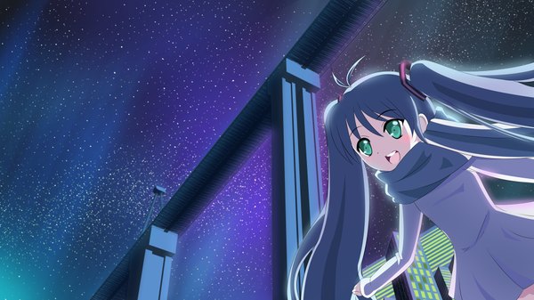 Anime picture 1920x1080 with vocaloid hatsune miku long hair blush highres open mouth wide image twintails green eyes blue hair night night sky girl star (stars)