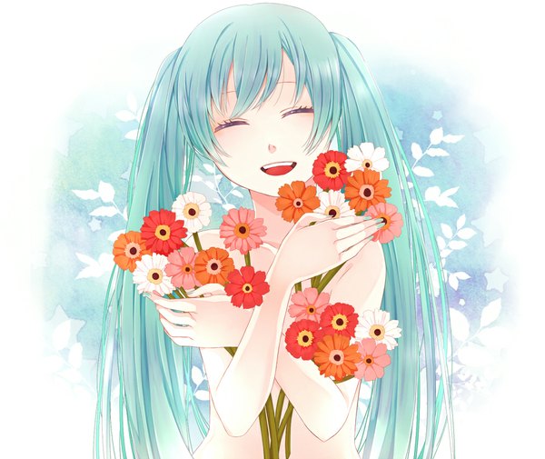 Anime picture 1000x842 with vocaloid hatsune miku hiro satochi single open mouth smile twintails eyes closed very long hair aqua hair girl flower (flowers)